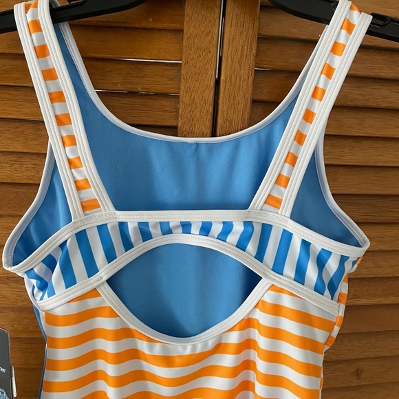 Speedo Girls Blue and Orange Stripe Blocked One Piece Swimsuit Sz 14 NWT - Picture 7 of 8